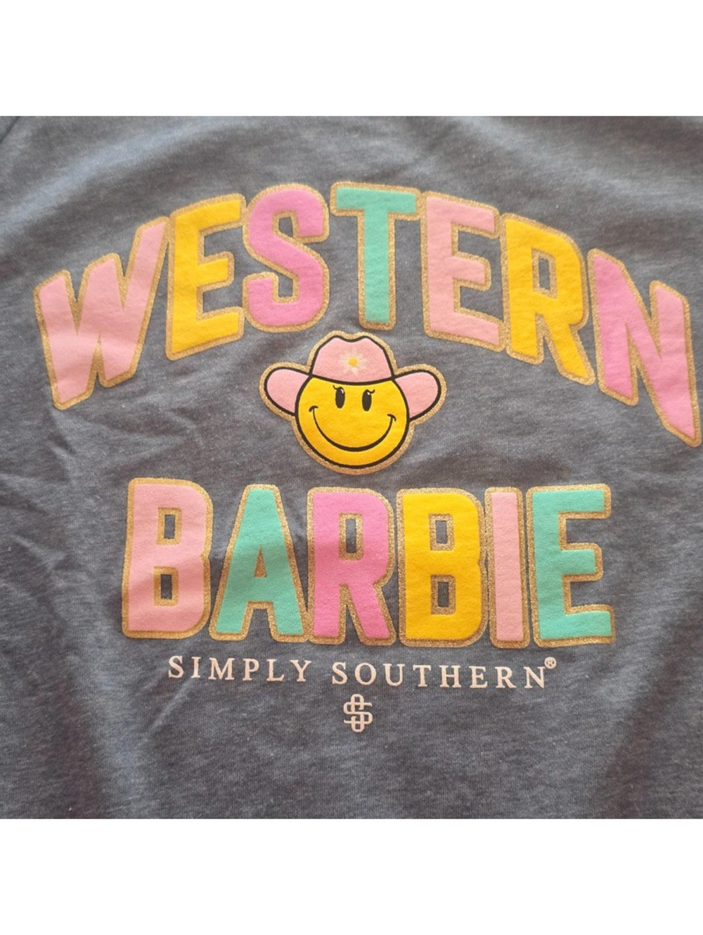 Simply Southern Western Barbie Sweatshirt Women’s Size Small Gray Cowboy Smiley